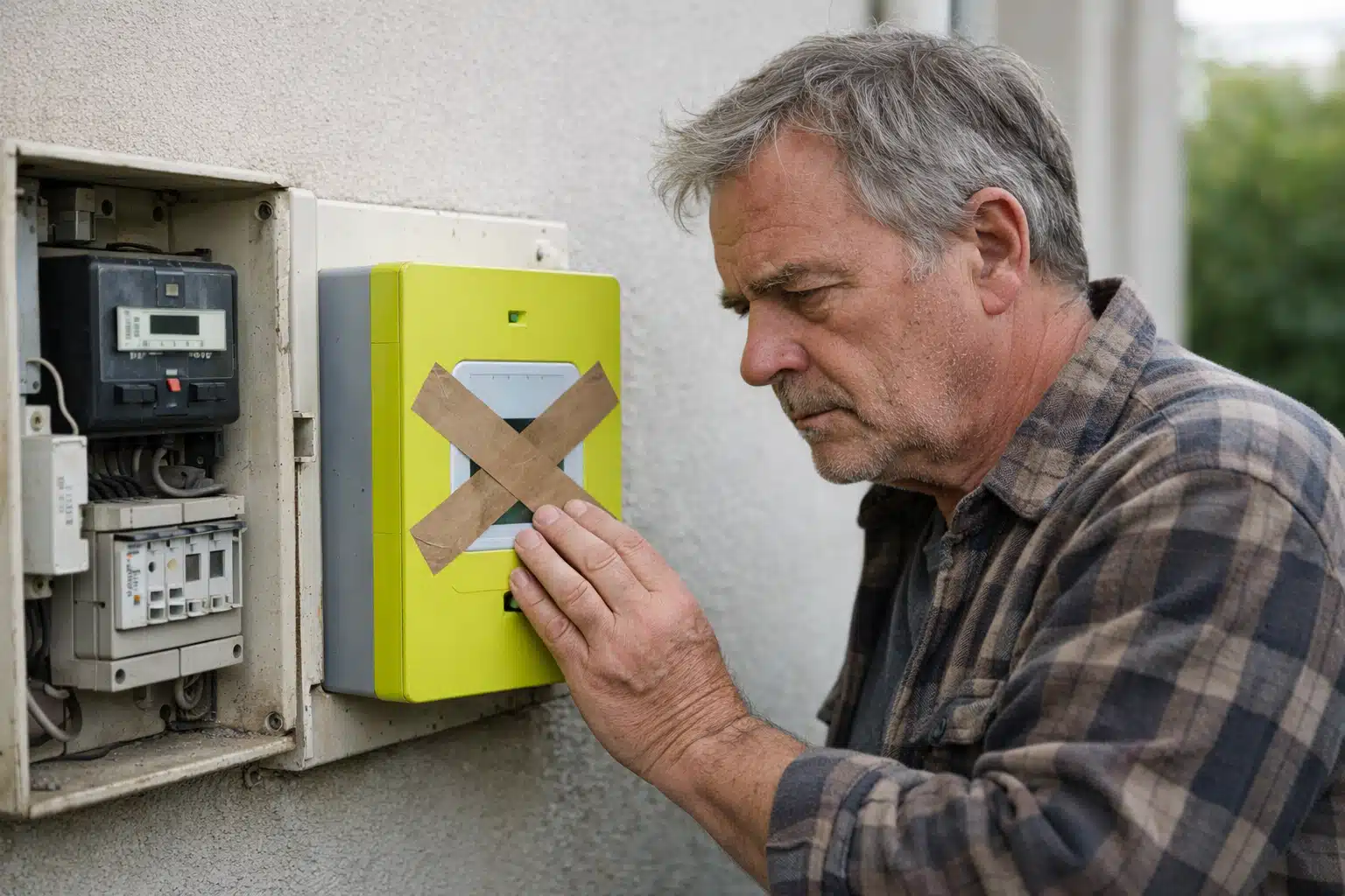 Homme âgé touchant un boîtier électrique jaune scellé