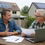 Vendre son électricité solaire à son voisin : cadre légal et démarches deux hommes conversent devant maisons équipées de panneaux solaires