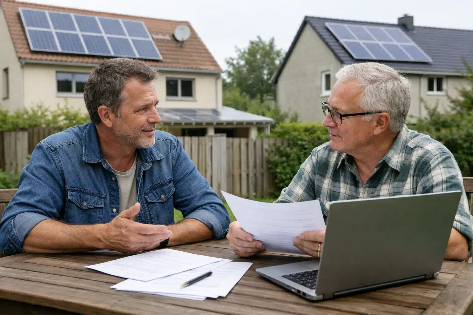 deux hommes conversent devant maisons équipées de panneaux solaires
