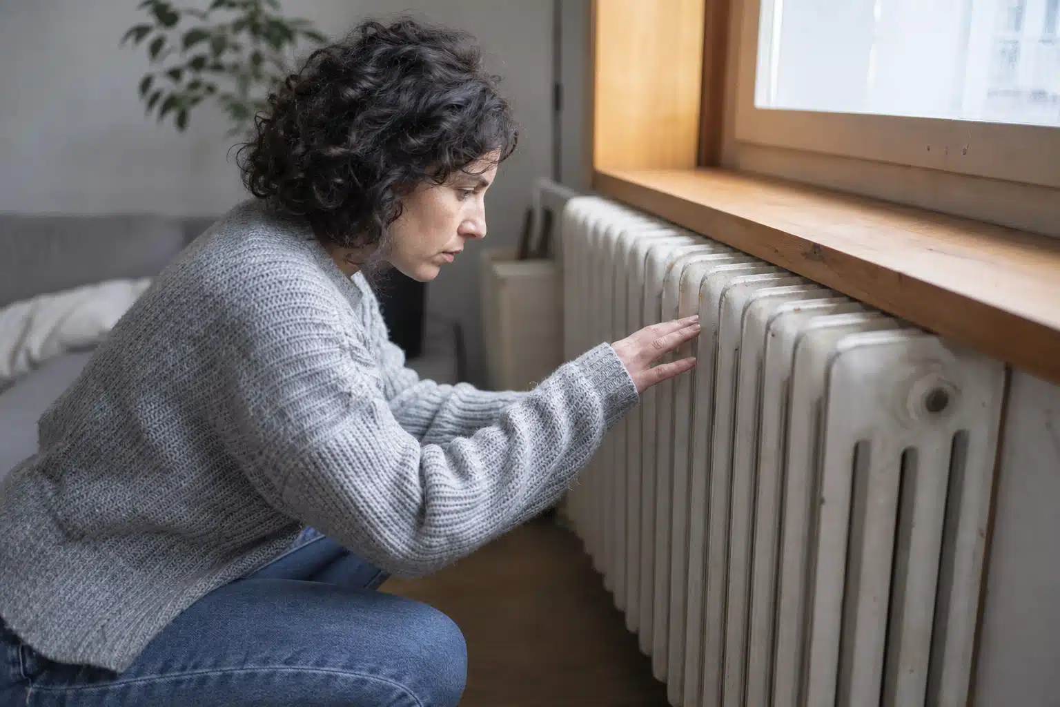 Personne en pull touchant un radiateur près de la fenêtre