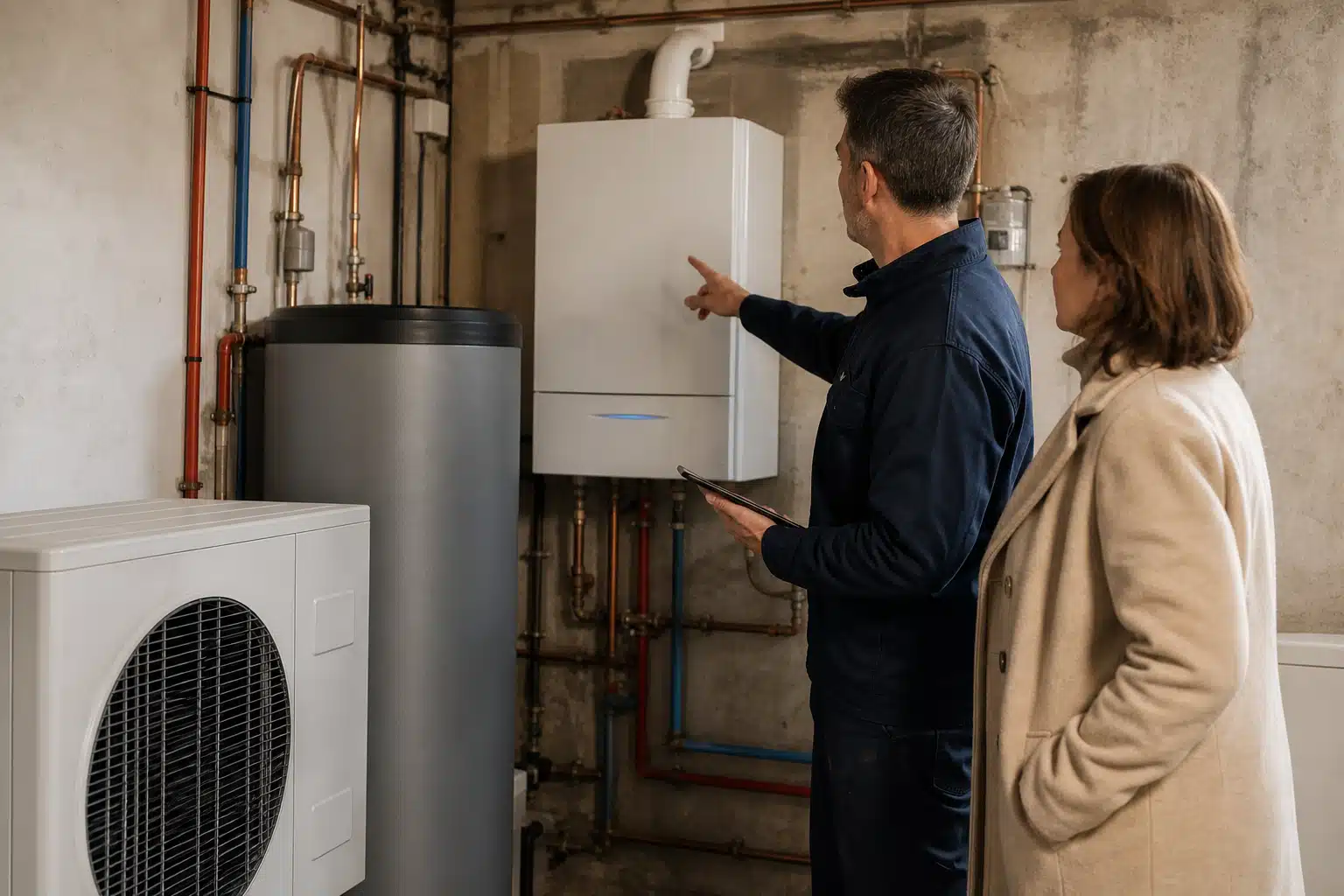 Technicien montrant une chaudière murale à cliente