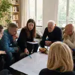 Habitat collectif et financement participatif : structurer un plan travaux accepté par tous les copropriétaires Groupe d'adultes discutant autour d'un plan sur table
