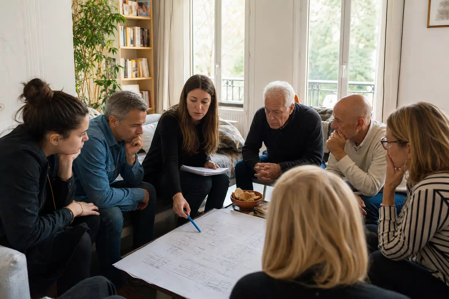 Groupe d'adultes discutant autour d'un plan sur table